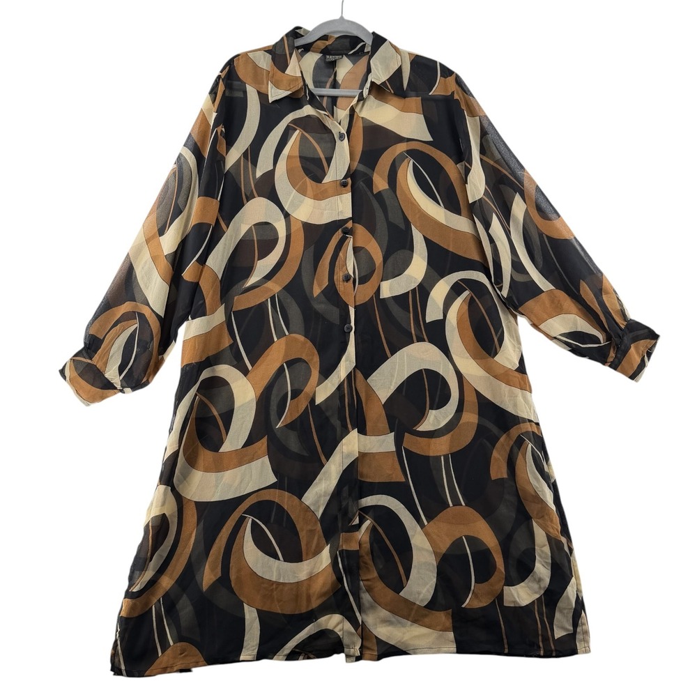Revue Geometric Print Sheer Button Up Duster Cover Up Women Plus 1X Brown Black